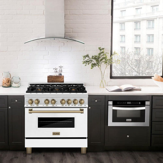 ZLINE Autograph Edition 36 in. 4.6 cu. ft. Dual Fuel Range with Gas Cooktop and Electric Convection Oven, White Matte Door with Champagne Bronze Accents (RAZ-WM-36-CB)