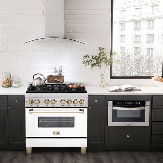 ZLINE Autograph 36 in. 4.6 cu. ft. Legacy Dual Fuel Range with 6 Burner Gas Cooktop and Electric Convection Oven in Satin Stainless Steel with White Matte Door and Polished Gold Accents (RASZ-WM-36-G)