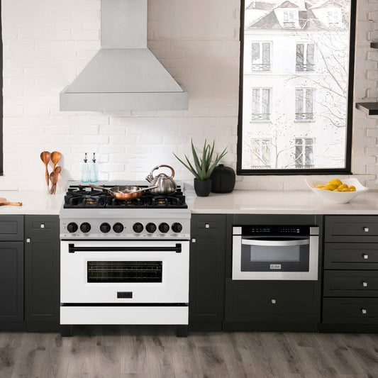 ZLINE Autograph Edition 36 in. 4.6 cu. ft. Dual Fuel Range with 6 Gas Burners and Electric Convection Oven, Satin Stainless Steel with White Matte Door and Matte Black Accents (Model RASZ-WM-36-MB)