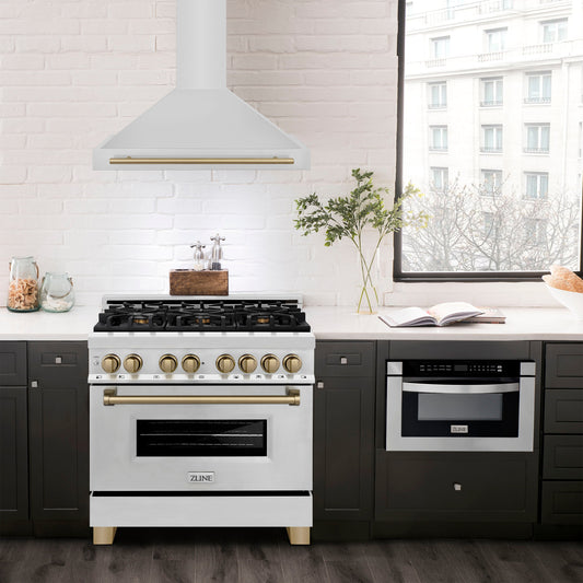 ZLINE 36 Inch Wall Mount Range Hood Stainless Steel Champagne Bronze Handle KB4STZ-36-CB