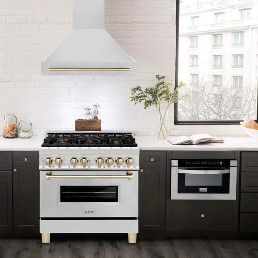 ZLINE 36 Inch Wall Mount Range Hood Stainless Steel Gold Handle Autograph Edition (8654STZ-36-G)