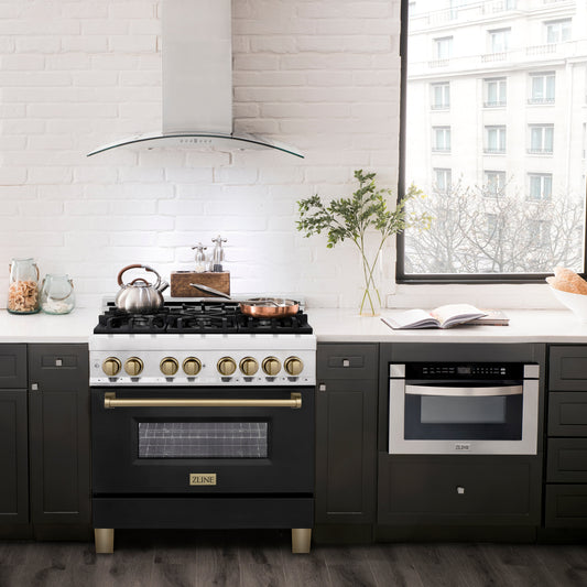 ZLINE Autograph Edition 36 in. 4.6 cu. ft. Dual Fuel Range with Gas Cooktop and Electric Oven, Black Matte Door with Champagne Bronze Accents (RAZ-BLM-36-CB)