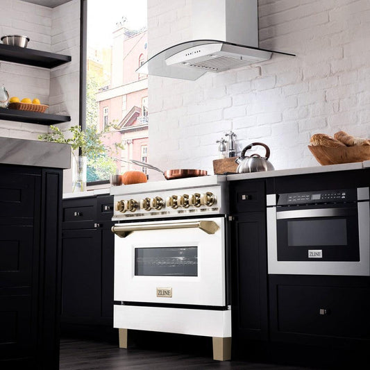 ZLINE Autograph 36 in. 4.6 cu. ft. Dual Fuel Range with White Matte Door and Gold Accents (RAZ-WM-36-G)