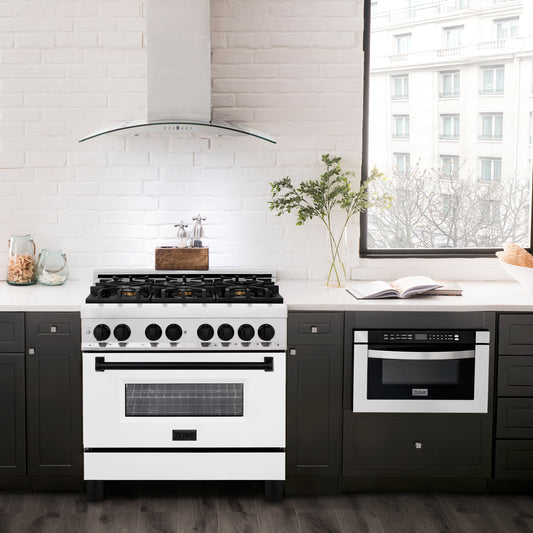 ZLINE Autograph 36 in. 4.6 cu. ft. Dual Fuel Range in Stainless Steel with White Matte Door and Matte Black Accents (RAZ-WM-36-MB)