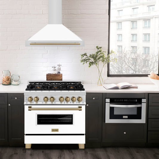 ZLINE 36 Inch Wall Mount Range Hood Stainless Steel White Matte Shell Champagne Bronze Handle Autograph Edition (KB4STZ-WM36-CB)