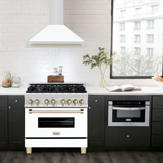 ZLINE 36 Inch Wall Mount Range Hood Stainless Steel Matte White Shell Gold Handle Autograph Edition (KB4STZ-WM36-G)