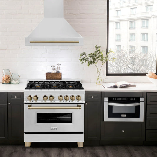ZLINE 36 Inch Wall Mount Range Hood Stainless Steel Champagne Bronze Handle 8654STZ-36-CB