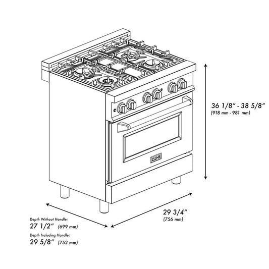 ZLINE Legacy 30 in. Dual Fuel Range with 4 Burner Gas Cooktop and 4.0 cu. ft. Electric Convection Oven in Satin Stainless Steel with White Matte Door (RAS-WM-30)