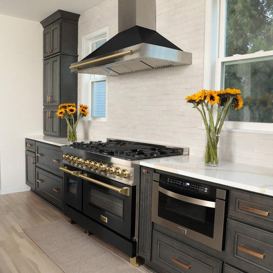 ZLINE Autograph Edition 48 in. Dual Fuel Range with Black Matte Door and Gold Accents, 6.0 cu. ft. (RAZ-BLM-48-G)
