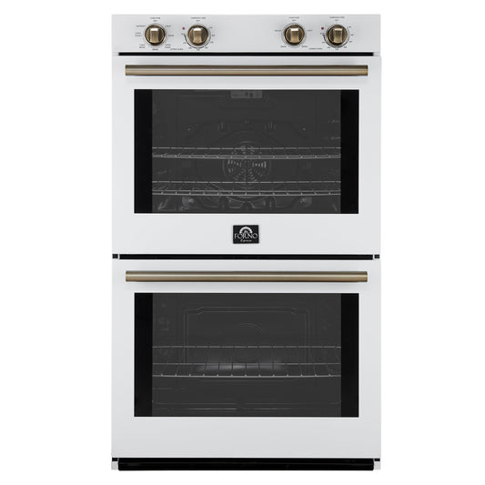 FORNO Espresso Vomero 30-Inch Electric Double Wall Oven, 10.0 cu. ft., White with Antique Brass Accents (FBOEL1324-30WHT)