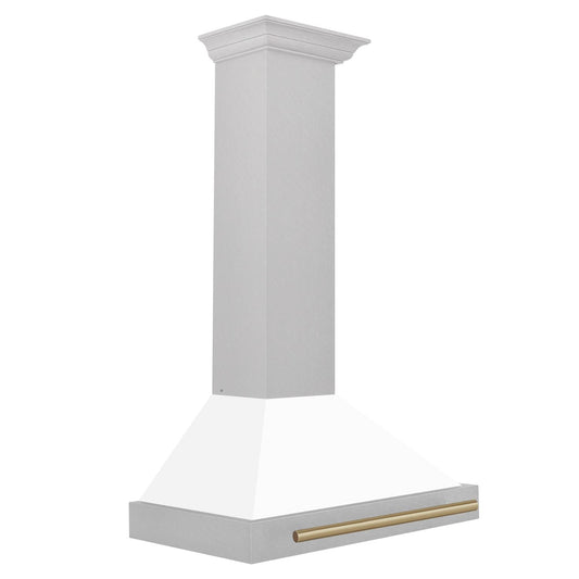 ZLINE 30 Inch Wall Mount Range Hood Satin Stainless Steel Convertible White Matte Shell Champagne Bronze Handle (KB4SNZ-WM30-CB)