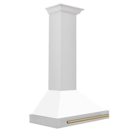ZLINE 30-Inch Wall Mount Range Hood Stainless Steel White Matte Shell Champagne Bronze Accents 400 CFM (KB4STZ-WM30-CB)
