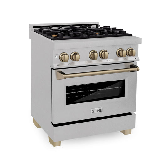 ZLINE Autograph 30 in. 4.0 cu. ft. Legacy Dual Fuel Range with 4 Burner Gas Cooktop and Electric Convection Oven in Satin Stainless Steel with Champagne Bronze Accents (RASZ-SN-30-CB)