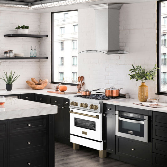 ZLINE Autograph 30 in. Legacy Dual Fuel Range 4.0 cu. ft., 4 Burner Gas Cooktop, Electric Convection Oven, Satin Stainless Steel with White Matte Door & Champagne Bronze Accents (RASZ-WM-30-CB)