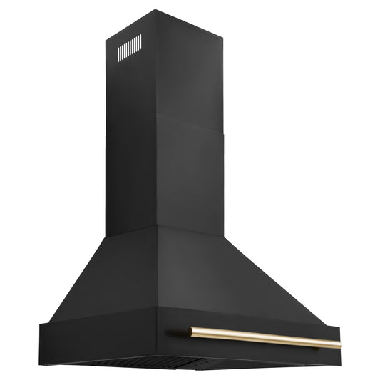 ZLINE 30 Inch Wall Mount Range Hood Black Stainless Steel Gold Handle Autograph Edition (BS655Z-30-G)