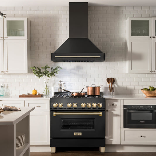 ZLINE 36 in. Wall Mount Range Hood Black Stainless Steel Autograph Edition Gold Handle 400 CFM (BS655Z-36-G)