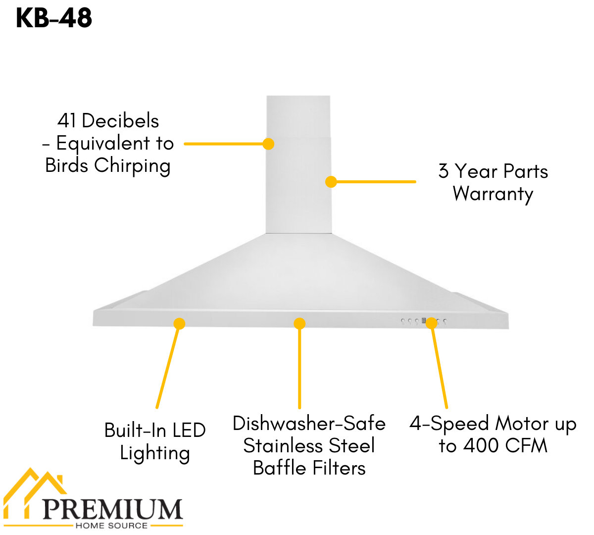 ZLINE 48 in. Wall Mount Range Hood Stainless Steel Convertible Vent 4-Speed KB-48