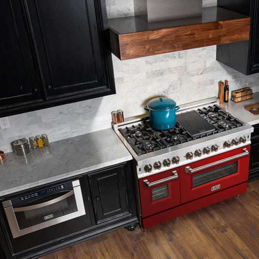 ZLINE 48" Professional Dual Fuel Range with 7 Burners, 6.0 cu. ft. Electric Oven, Stainless Steel with Red Gloss Door – RA-RG-48