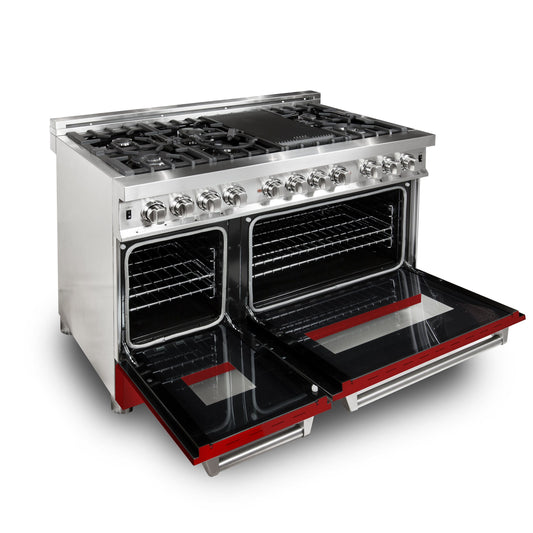 ZLINE 48 in. 6.0 cu. ft. Professional Dual Fuel Range with Gas Burners and Electric Oven in Stainless Steel with Red Matte Door (RA-RM-48)