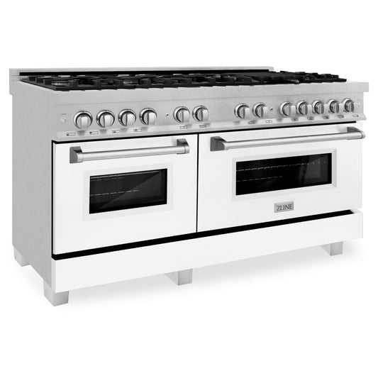 ZLINE 60 in. 7.4 cu. ft. Legacy Dual Fuel Range with 9 Burner Gas Cooktop and Double Electric Convection Ovens in Satin Stainless Steel with White Matte Doors (RAS-WM-60)