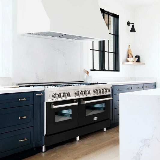 ZLINE 60 in. Legacy Dual Fuel Range, 9 Burner Gas Cooktop, Double Electric Convection Ovens, 7.4 cu. ft., Satin Stainless Steel with Black Matte Doors (RAS-BLM-60)