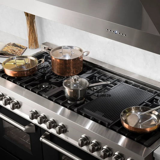ZLINE 60 in. Legacy Dual Fuel Range, 9 Burner Gas Cooktop, Double Electric Convection Ovens, 7.4 cu. ft., Satin Stainless Steel with Black Matte Doors (RAS-BLM-60)