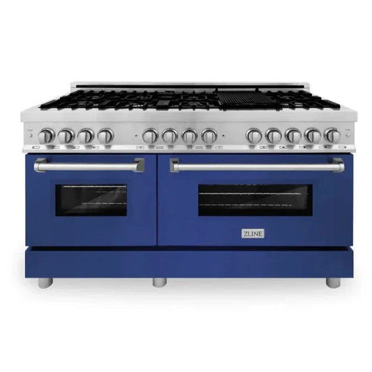 ZLINE 60 in. Legacy Dual Fuel Range, 7.4 cu. ft., 9 Burner Gas Cooktop, Double Electric Convection Ovens, Satin Stainless Steel with Blue Gloss Doors (RAS-BG-60)