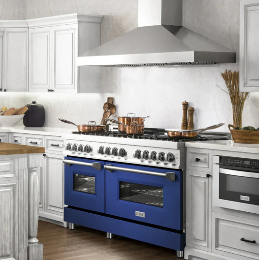 ZLINE 60 in. Legacy Dual Fuel Range, 7.4 cu. ft., 9 Burner Gas Cooktop, Double Electric Convection Ovens, Satin Stainless Steel with Blue Gloss Doors (RAS-BG-60)