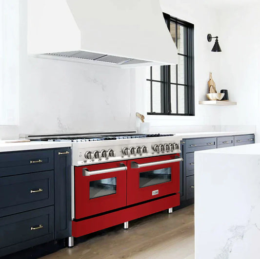 ZLINE 60 in. Legacy Dual Fuel Range, 9 Burner Gas Cooktop, 2 Electric Convection Ovens, 7.4 cu. ft., Satin Stainless Steel with Red Matte Doors (RAS-RM-60)