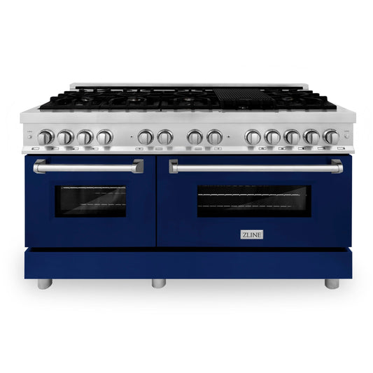 ZLINE 60-Inch Dual Fuel Professional Range with Gas Cooktop and Electric Convection Oven in Stainless Steel with Blue Gloss Door (RA-BG-60)