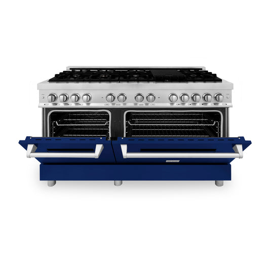 ZLINE 60-Inch Dual Fuel Professional Range with Gas Cooktop and Electric Convection Oven in Stainless Steel with Blue Gloss Door (RA-BG-60)