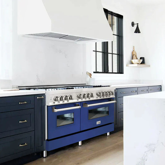 ZLINE 60 in. Dual Fuel Professional Range, 9 Burner Gas Cooktop, Double Electric Convection Ovens, Stainless Steel with Blue Matte Door (RA-BM-60)