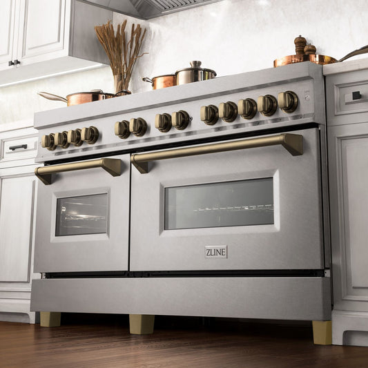 ZLINE Autograph Edition 60 in. 7.4 cu. ft. Legacy Dual Fuel Range with 9 Gas Burners and Double Electric Convection Ovens in Satin Stainless Steel with Champagne Bronze Accents (RASZ-SN-60-CB)
