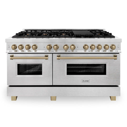 ZLINE Autograph Edition 60 in. 7.4 cu. ft. Legacy Dual Fuel Range with 9 Gas Burners and Double Electric Convection Ovens in Satin Stainless Steel with Champagne Bronze Accents (RASZ-SN-60-CB)