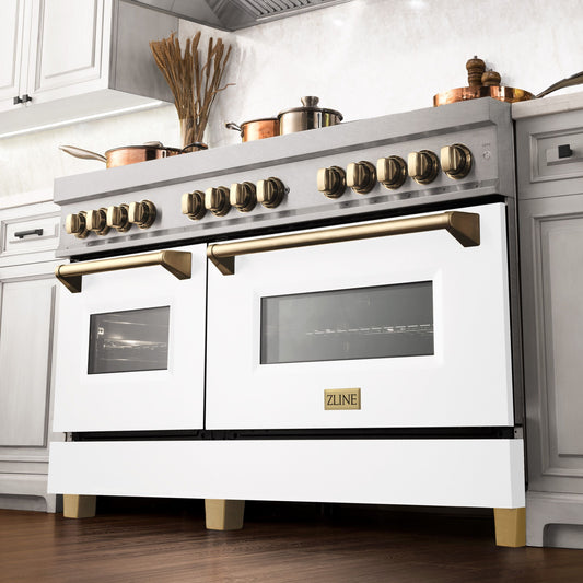 ZLINE Autograph Edition 60 in. 7.4 cu. ft. Legacy Dual Fuel Range with 9 Gas Burners and Double Electric Convection Ovens in Satin Stainless Steel with White Matte Doors and Polished Gold Accents (RASZ-WM-60-G)