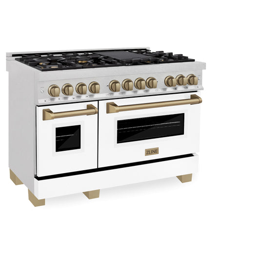 ZLINE Autograph Edition 48 in. 6.0 cu. ft. Legacy Dual Fuel Range with 7 Burner Gas Cooktop and Double Electric Ovens in Satin Stainless Steel with White Matte Doors and Champagne Bronze Accents (RASZ-WM-48-CB)