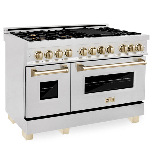 ZLINE Autograph Edition 48 in. 6.0 cu. ft. Legacy Dual Fuel Range with 7 Burner Gas Cooktop and Double Electric Ovens in Satin Stainless Steel with Polished Gold Accents (RASZ-SN-48-G)