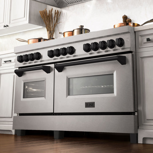 ZLINE Autograph Edition 60 in. 7.4 cu. ft. Legacy Dual Fuel Range with 9 Gas Burners and Double Electric Convection Ovens in Satin Stainless Steel with Matte Black Accents (RASZ-SN-60-MB)