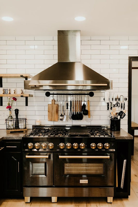 ZLINE 48 in. Wall Mount Range Hood Black Stainless Steel Gold Handle 400 CFM (BS655Z-48-G)