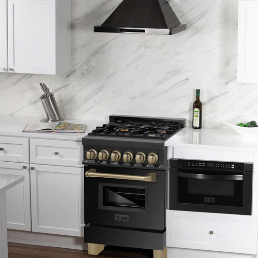 ZLINE Autograph Edition 24 in. Dual Fuel Range – Black Stainless Steel with Bronze Accents (RABZ-24-CB)