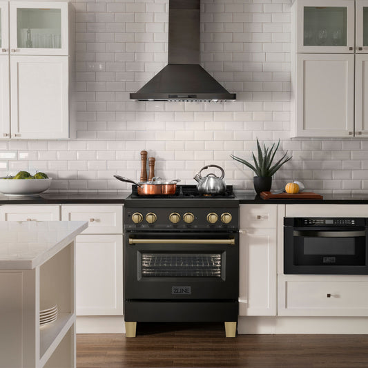ZLINE Autograph Edition 30 in. 4.0 cu. ft. Dual Fuel Range with 4-Burner Gas Cooktop and Electric Convection Oven in Stainless Steel with Champagne Bronze Accents (RABZ-30-CB)