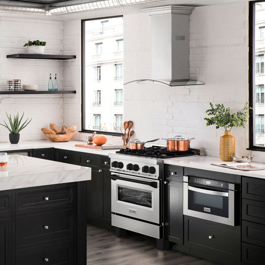 ZLINE Autograph 30 in. 4.0 cu. ft. Dual Fuel Range with Gas Cooktop and Electric Convection Oven in Stainless Steel with Black Matte Accents (RAZ-30-MB)