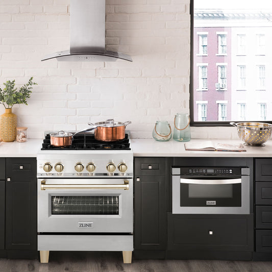 ZLINE Autograph Edition 30 in. Dual Fuel Range, 4.0 cu. ft. Electric Convection Oven, Stainless Steel with Gold Accents (RAZ-30-G)
