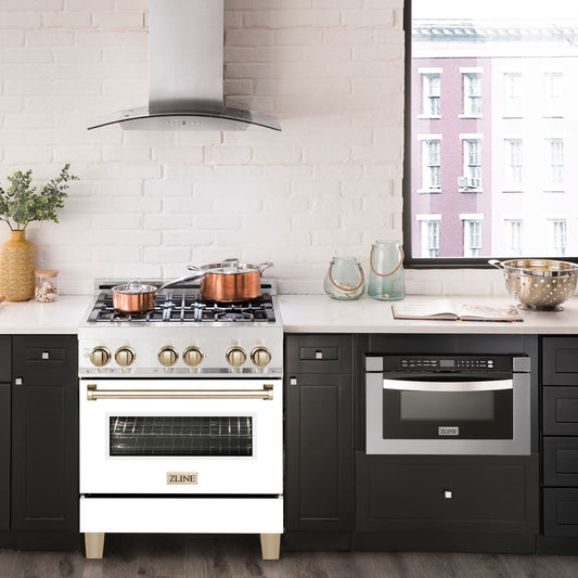 ZLINE Autograph Edition 30 in. 4.0 cu. ft. Legacy Dual Fuel Range with 4 Burner Gas Cooktop and Electric Convection Oven in Satin Stainless Steel with White Matte Door and Polished Gold Accents (RASZ-WM-30-G)