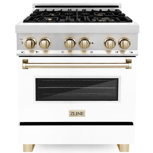 ZLINE Kitchen and Bath Autograph Edition 30 in. Dual Fuel Range, 4.0 cu. ft. Electric Convection Oven, 4 Gas Burners, White Matte Door with Gold Accents (Model RAZ-WM-30-G)