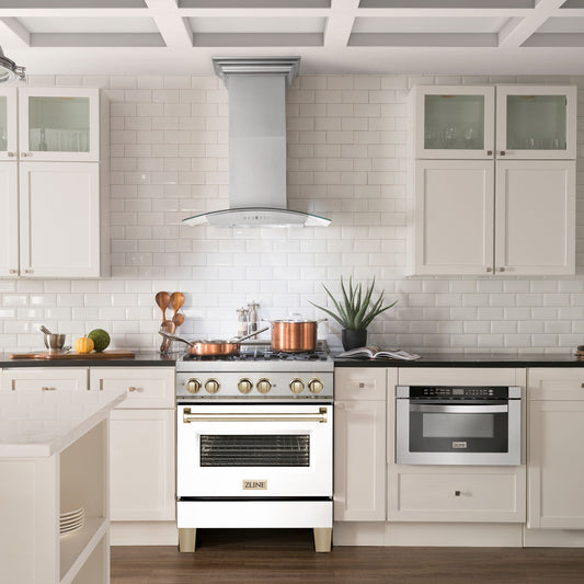 ZLINE Kitchen and Bath Autograph Edition 30 in. Dual Fuel Range, 4.0 cu. ft. Electric Convection Oven, 4 Gas Burners, White Matte Door with Gold Accents (Model RAZ-WM-30-G)