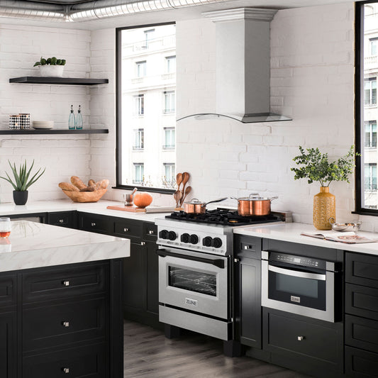 ZLINE Autograph Edition Legacy 30" Dual Fuel Range, 4.0 cu. ft. Electric Convection Oven, 4-Burner Gas Cooktop, Satin Stainless Steel with Matte Black Accents (RASZ-SN-30-MB)