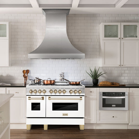 ZLINE Autograph 48 in. 6.0 cu. ft. Legacy Dual Fuel Range with 7 Gas Burners and Double Electric Ovens in Satin Stainless Steel with White Matte Doors and Polished Gold Accents (RASZ-WM-48-G)