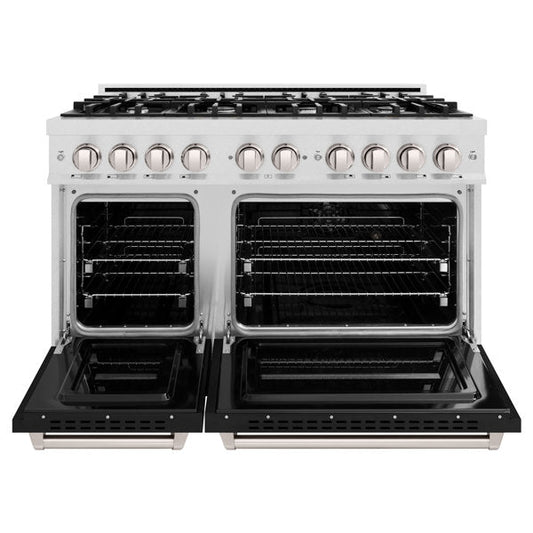ZLINE 48 in. Gas Range Double Oven 6.7 cu. ft. 8 Burner Cooktop Satin Stainless Steel with Black Matte Doors (CGRS-BLM-48)