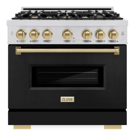 ZLINE Autograph Edition 36 in. Dual Fuel Range with 6 Gas Burners and Electric Convection Oven, Stainless Steel with Black Matte Door and Champagne Bronze Accents (CDRZ-BLM-36-CB)